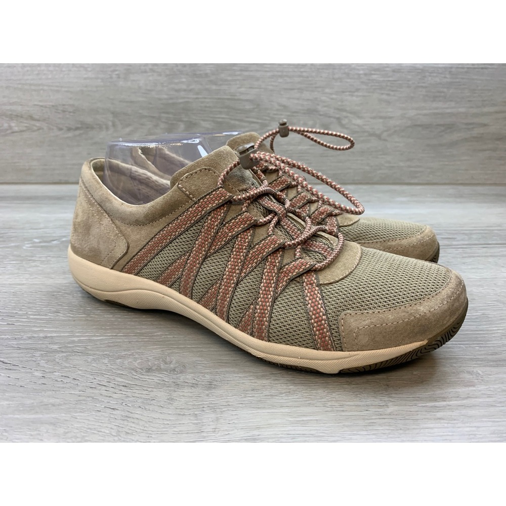 Dansko Elise Suede Mesh Walking Shoes Taupe Pink Bungee 9.5 Lace Sneakers
